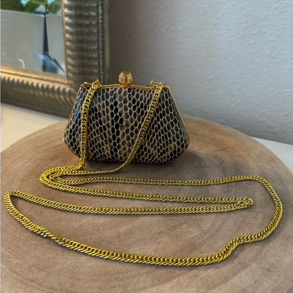 Elegant Snakeskin Vintage Mini Clutch with Gold Chain